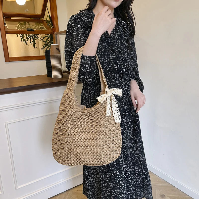 Fashion Rattan Women Shoulder Bags Woven Female Handbags Large Capacity Summer Beach Straw Bags Casual Tote Purses