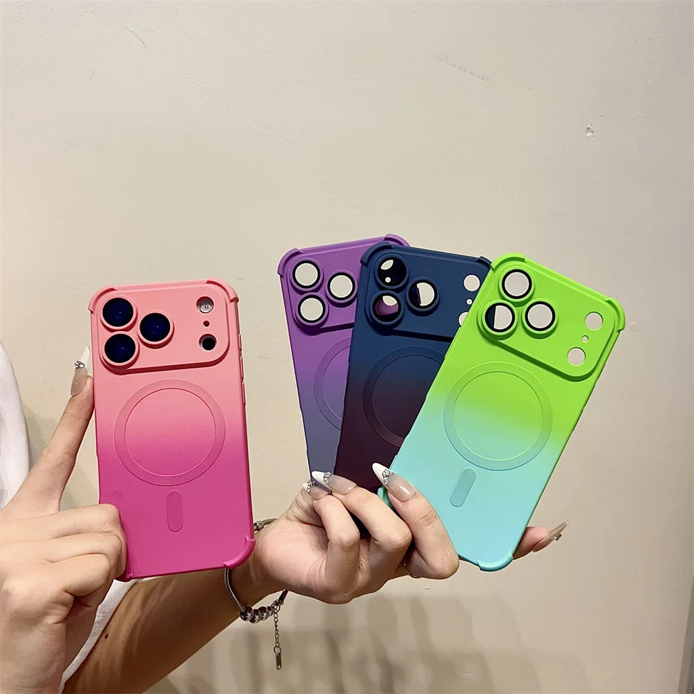 Gradient Color Magnetic Case For iPhone Air 17 16 15 Plus 14 13 12 Pro Max Magsafe Wireless Charging Glass Lens Protective Cover