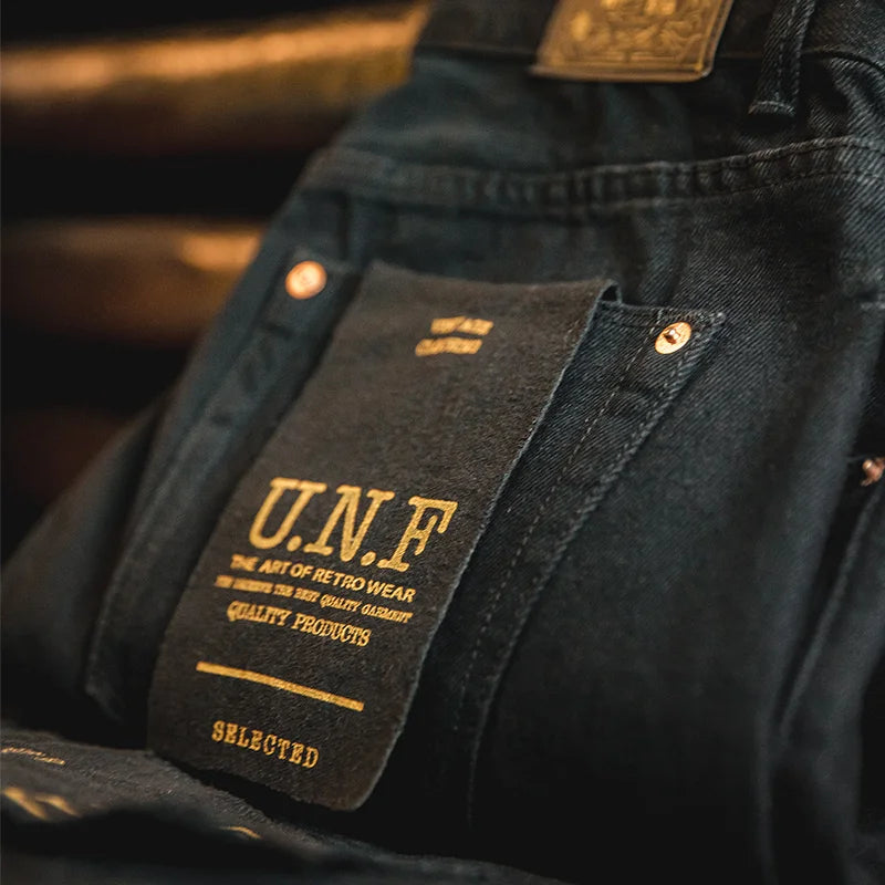 Maden Men's Vintage 12.8oz Black Washed Denim Jeans Mid Rise Straight Classic Casual Zip Fly Pants for Autumn Versatile Trousers