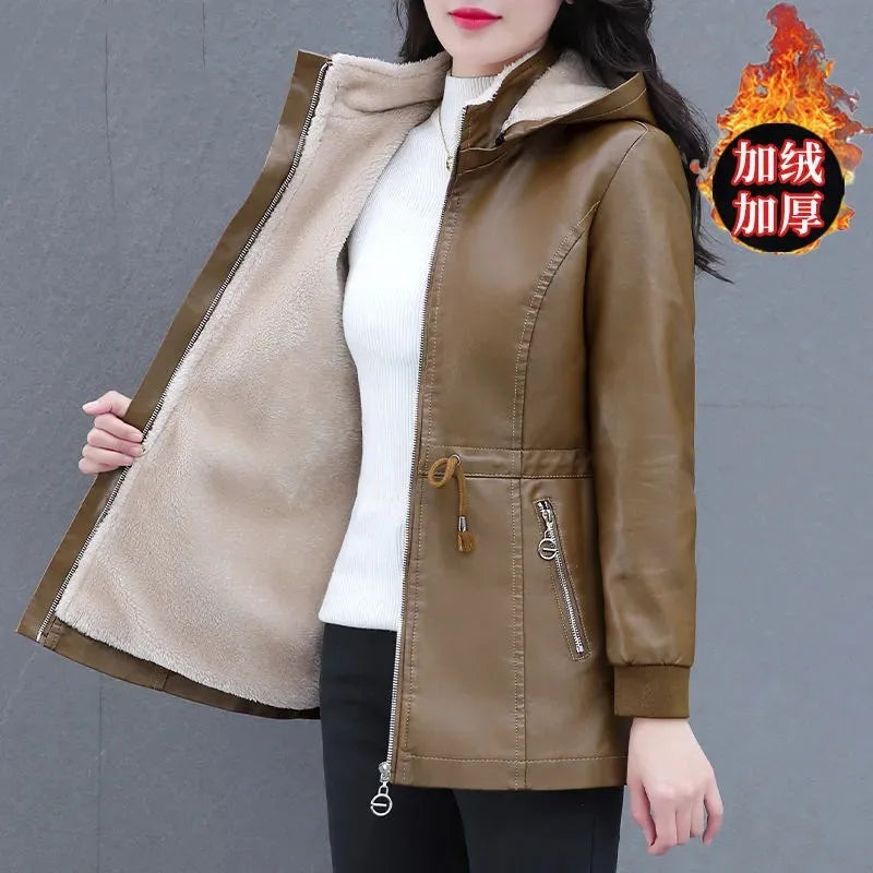 Winter Coat New Fashion Soft Leather Clothes Women's Long Sheep Leather Jacket Plus Velvet Padded Warm Coat