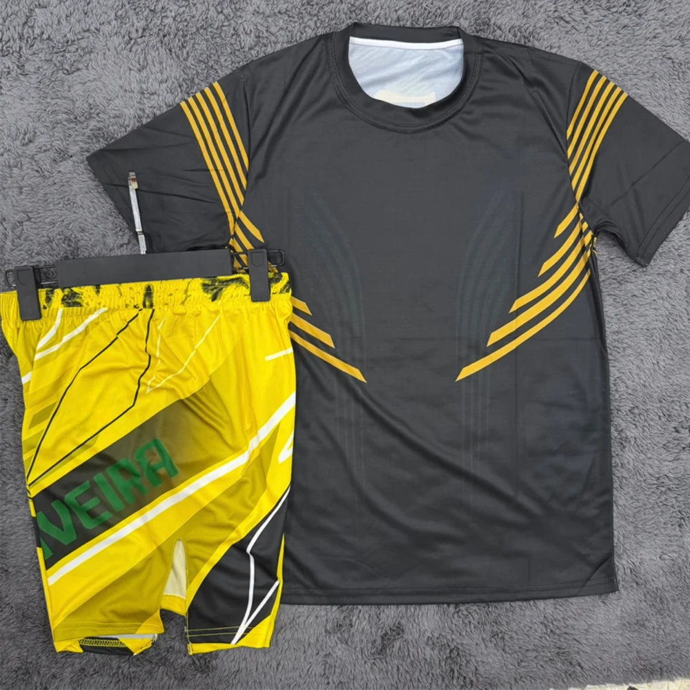 Summer Charles Oliveira MMA Yellow Edition Boxing Fighting Tee Shorts Men Quick-Dry Jersey Wrestling Running Sweat Absorbing Set