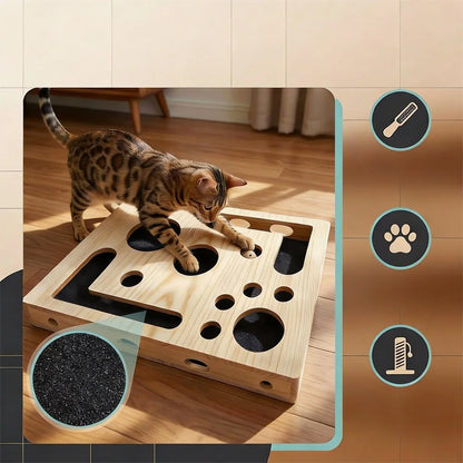 Cat Scratching Puzzle Toys, Wooden Set with 3 Bell Balls, for Indoor Cats To Scratch, Stimulate Intelligence, and Relieve Boredom.