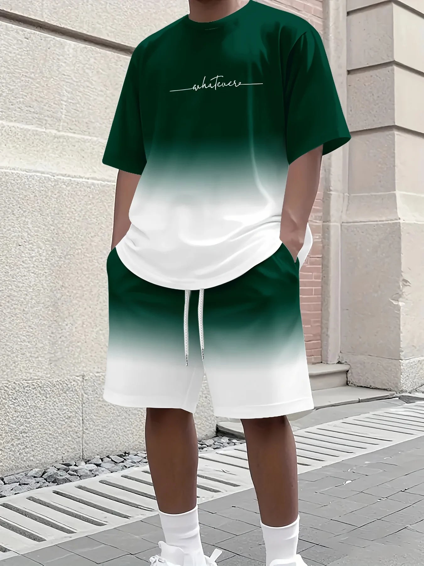 Summer Gradient Color Athletic T-Shirt and Shorts Set Stylish Men's Quick-Dry Athletic Short-Sleeve Top with Drawstring Shorts