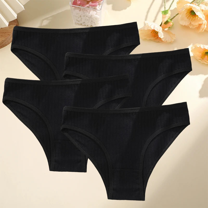 4PCS/SET Women's Cotton Panties Sexy Soft Striped Underpants 12 Solid Color Briefs Female Comfortable Stretch Lingerie M-XL