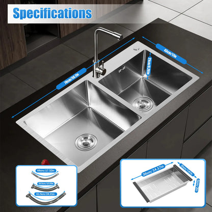 Stainless Steel Double Bowl Drop-in Kitchen Sink Noise Reduction Efficient Drainage Anti-Condensation Easy to Clean