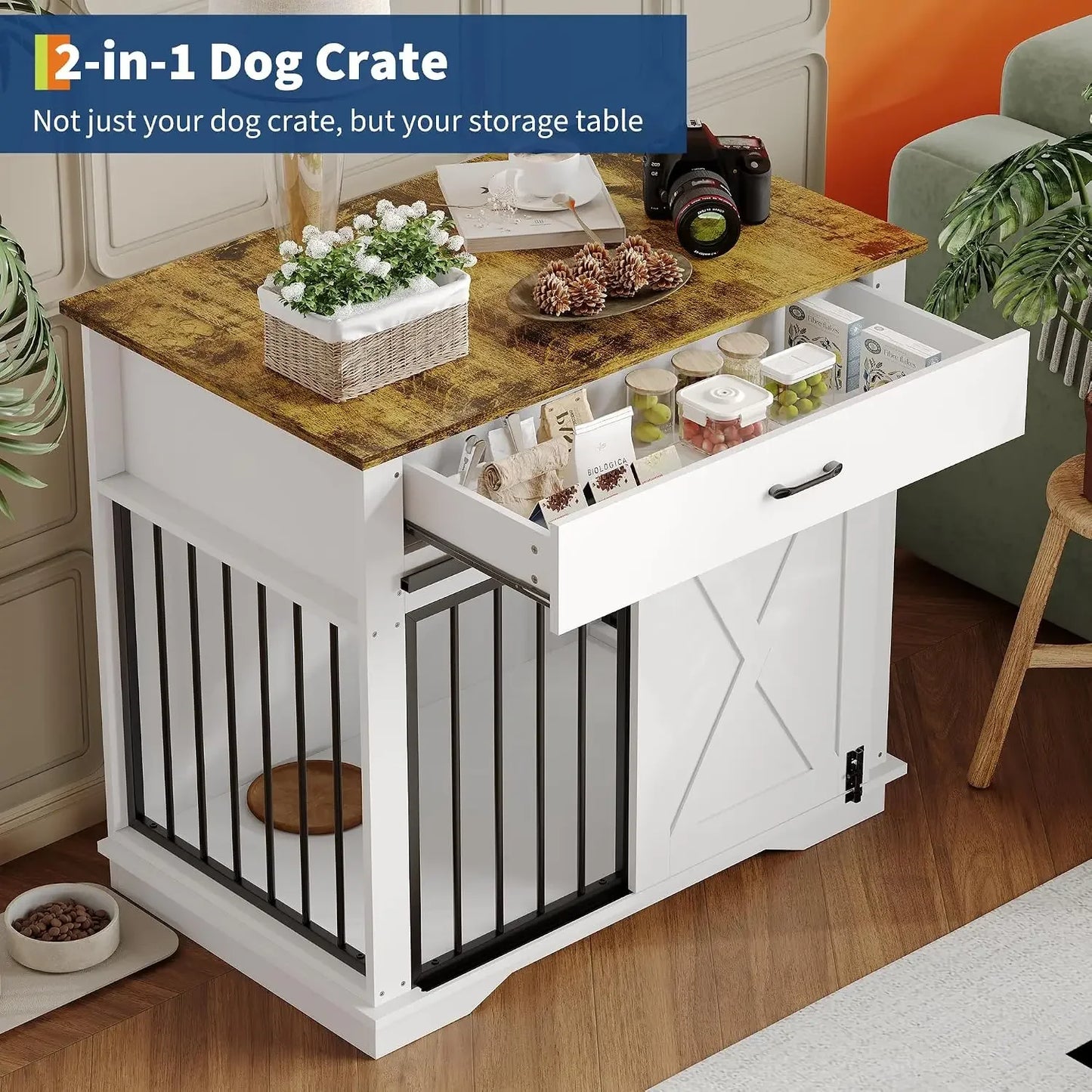 Garvee Modern Farmhouse Wooden Dog Crate Furniture, Double Sliding Door Pet Kennel End Table with Two Storage Drawers, Indoor Decorative Dog Cage, Easy Assembly for Small & Medium Dogs