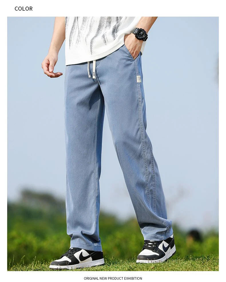 Men's Summer Soft Lyocell Fabric Jeans Thin Loose Straight Denim Pants Drawstring Elastic Waist Casual Trousers Plus Size M-5XL