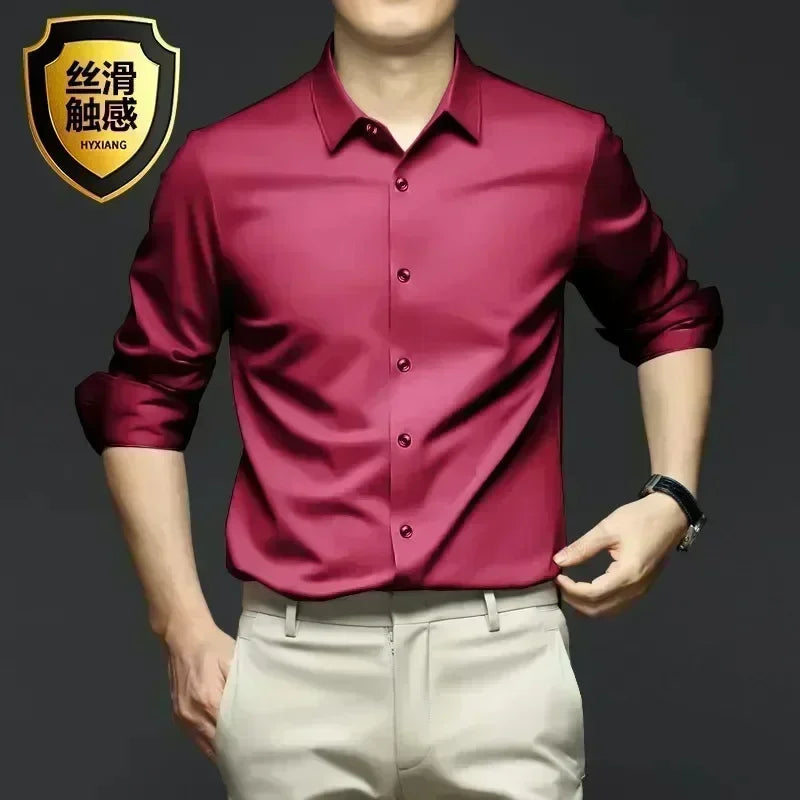 S-6XL Men's Long Sleeve Shirt Luxury Wrinkle Resistant Pure White Shirt Business Dress Casual Ice Silk Glossy Shirt