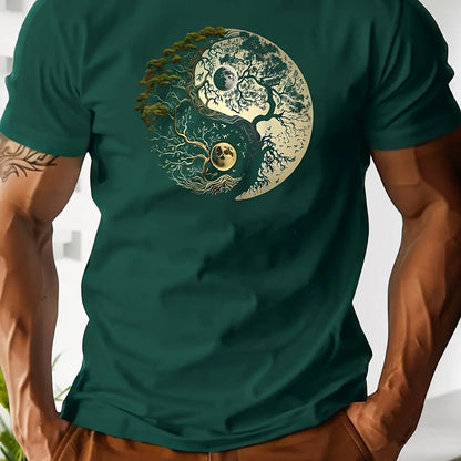 Men's Summer 100% Pure Cotton Casual Loose Sports T-Shirt Yin-Yang Tree Pattern Print round Neck Short-Sleeved Top