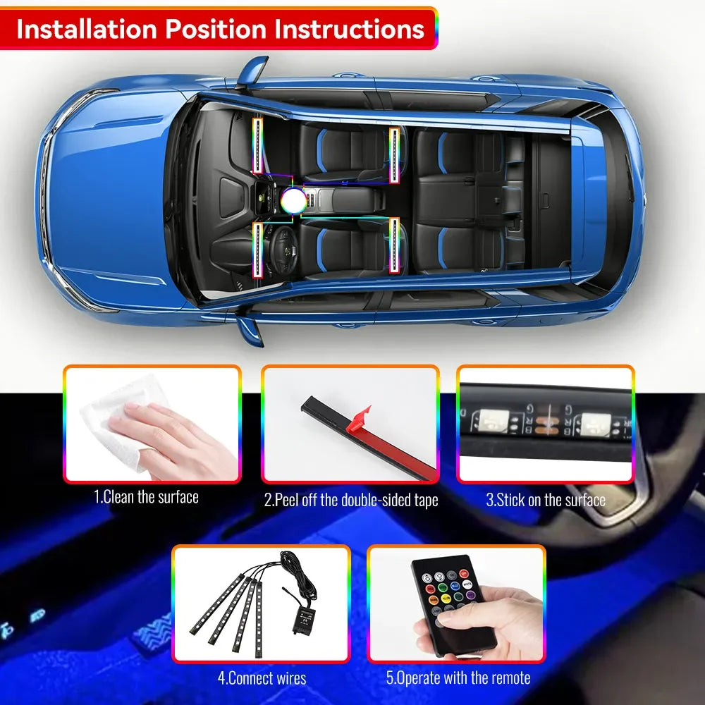Neon Car Interior Ambient Foot Light with USB Wireless Remote Music App Control RGB 48 LED Atmosphere Decorative Lamp