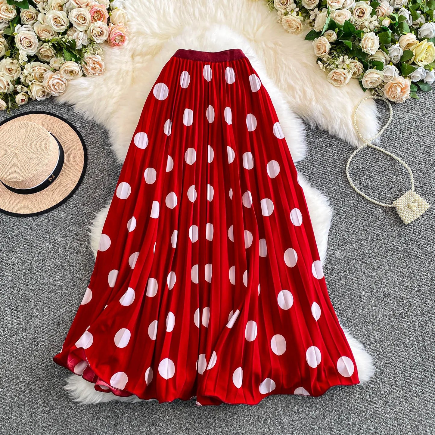2026 Pleated Skirt Elastic Waist Polka Dot Fashion Printed Slim Pleated Skirt Women's Summer New Beach Vacation Mid-length Skirt