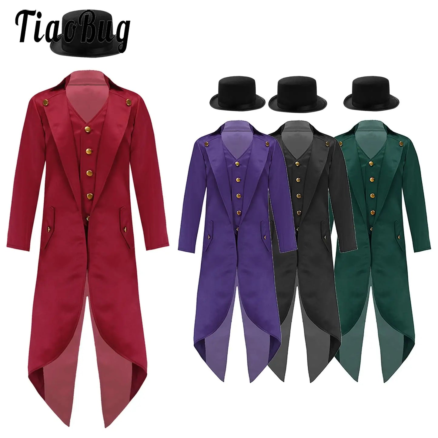 Kids Boys Vintage Steampunk Tailcoat Jacket Halloween Costume Gothic Medieval Clothes Court Uniform Magician Ringmaster Cosplay