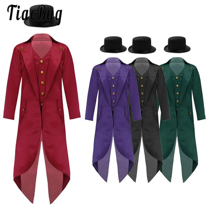 Kids Boys Vintage Steampunk Tailcoat Jacket Halloween Costume Gothic Medieval Clothes Court Uniform Magician Ringmaster Cosplay