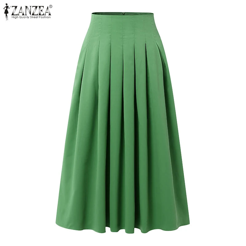 ZANZEA Fashion Holiday Faldas Mujer Casual Women Solid Color High Waist Jupe Femmes Elegant Commute Pleated Front Midi Skirts