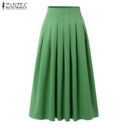 ZANZEA Fashion Holiday Faldas Mujer Casual Women Solid Color High Waist Jupe Femmes Elegant Commute Pleated Front Midi Skirts