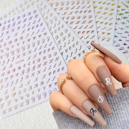 1Pc 3D Roman Letter Nail Stickers Gold/Silver/Black/Laser Alphabet Self Adhesive Decal Y2K English Words/Number Manicure Sliders