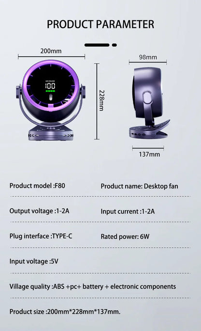 Mini Digital Display Fan Desktop Remote Control 720°Rotation Type-C Rechargeable Electric Fans Portable Wall Hanging With Clip
