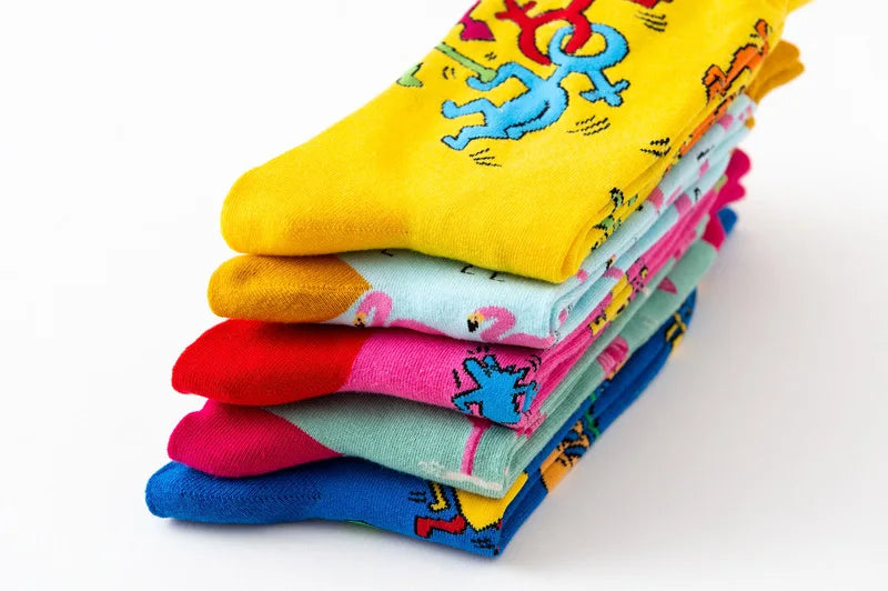 1Pair 35-44 Men Casual Cotton Sock Harajuku Cartoon Flamingo Loving Heart Cute Funny Character Japanese Socks