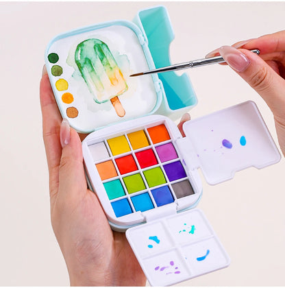 16 Colors Mini Portable Solid Watercolor Paint Set with Brush & Palette Travel Sketching Painting Box for Art Drawing Sketching