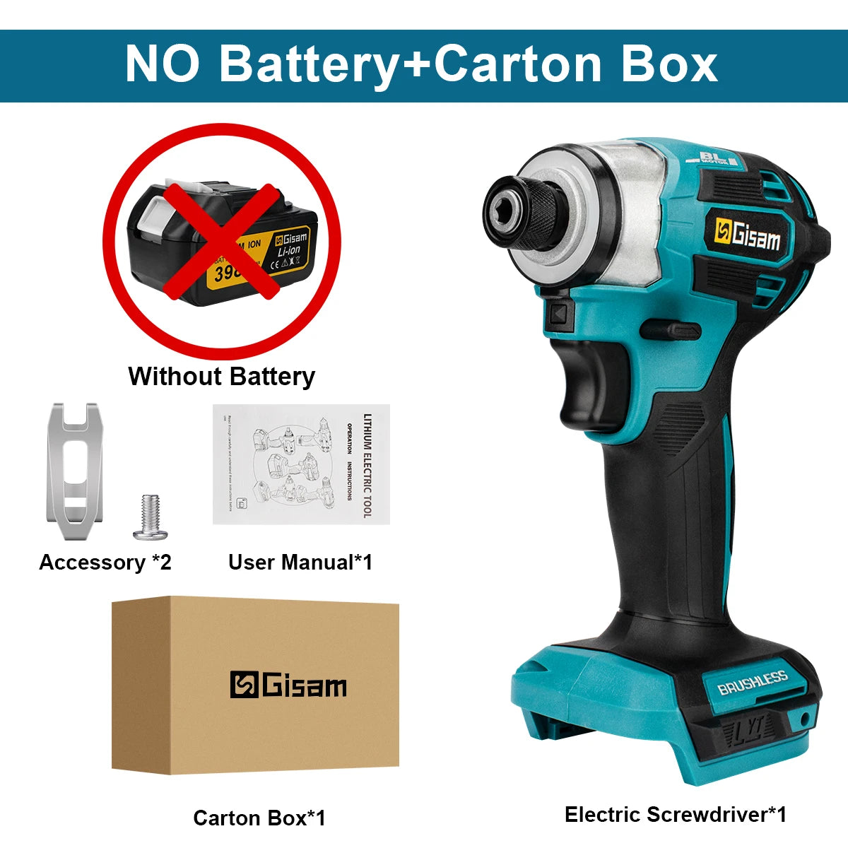 Gisam Cordless Electric Impact Screwdriver 688NM Power Tool Rechargeable Brushless Wrench Driver Kit for Makita 18V Battery Pins