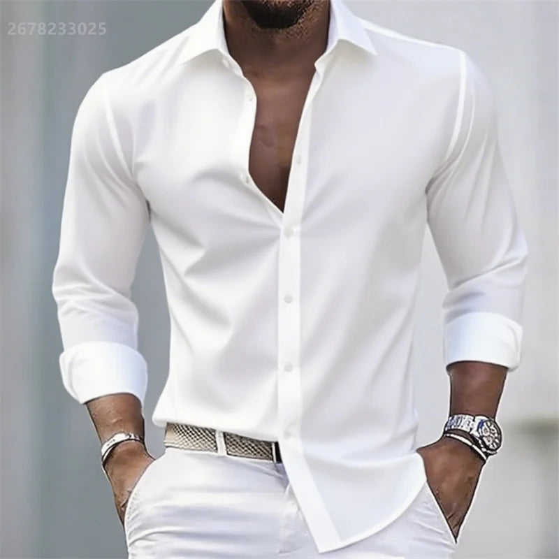 Solid Color Men's Casual White Shirt, Fashionable Casual Long Sleeve Stretch Fabric, Business Formal Shirt, Comfortable Fabric