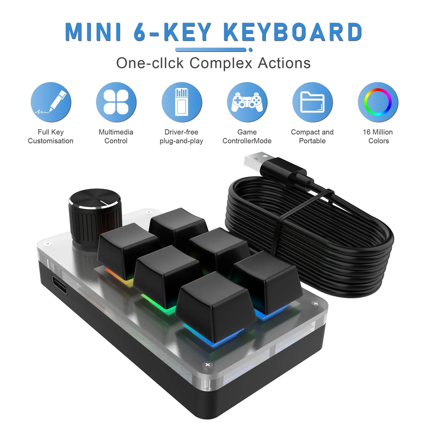 6 Keys 1 Knob RGB Programming Macro Gaming Knob Keypads Mini Custom Programming Keyboard USB Mechanical Keyboard for Photoshop