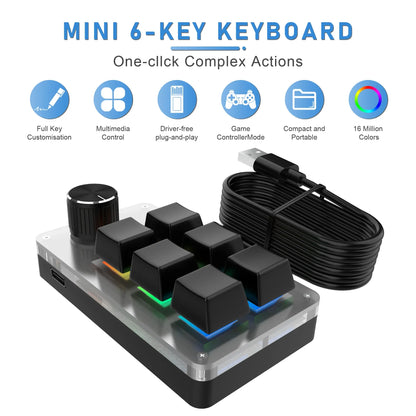 6 Keys 1 Knob RGB Programming Macro Gaming Knob Keypads Mini Custom Programming Keyboard USB Mechanical Keyboard for Photoshop