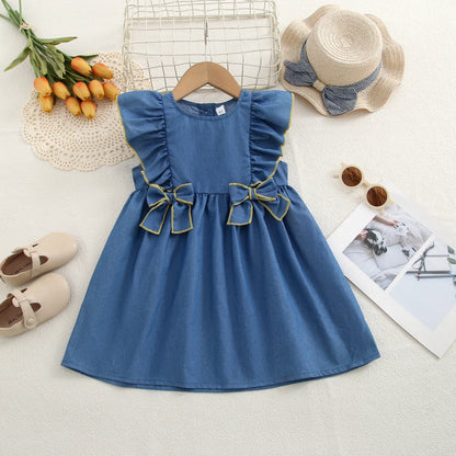 Girls Sweet Dresses Summer  Thin Denim Bow Decoration Flying Sleeve Dress Cute Kids Clothes