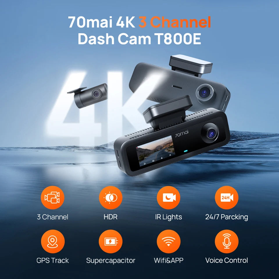 70mai 3-Channel Dash Cam T800E 4K HDR F1.55 Aperture Supercapacitor Voice Control GPS Car DVR 70mai T800E WiFi 6 5GHz