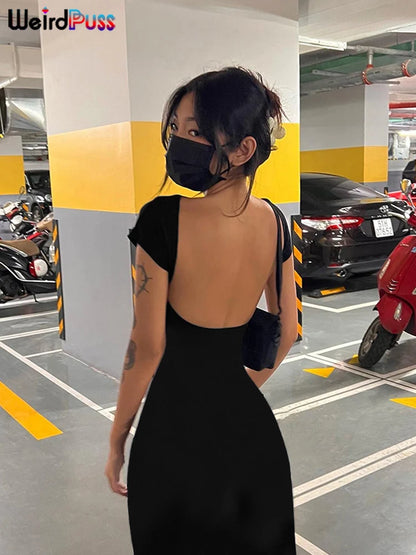 Weird Puss Backless Sexy Women Maxi Dress Short Sleeve Slim Fit Elastic Casual Solid Streetwear Club Party Ladies Summer Bodycon