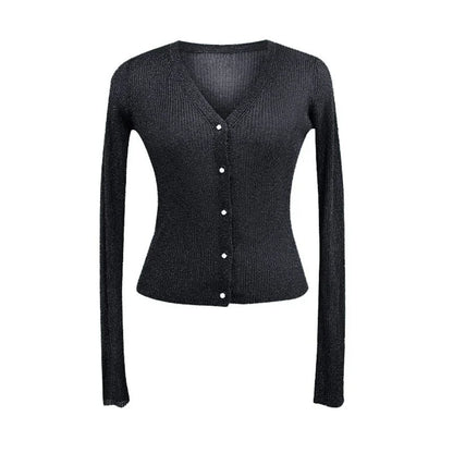 Women Shiny Gold Thread Spring Summer Ice Silk Knitted Cardigan Ribbed Pearl Button Sun Protection Top V-neck Ice Silk Knitwear
