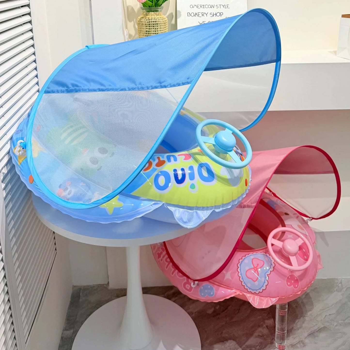 PVC Infant Pool Float with Canopy and Anti-Tip Seat Upgraded Inflatable Baby Pool Float Leak-proof for Toddler Aged 6-36 Months
