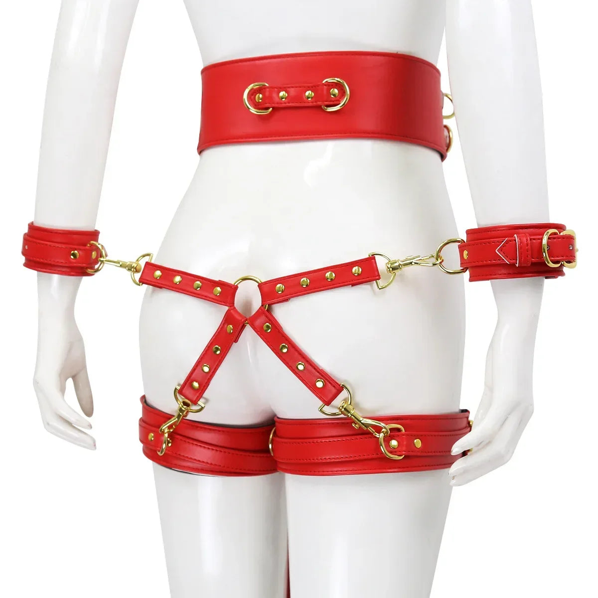 Professional BDSM Red Leather Harness Set Collar Handcuffs Restraint Kit for Women Slave Role Play Fetish Gear Adult Game Toy