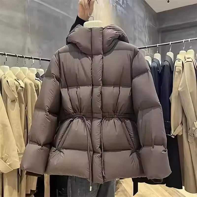 Fashion Cotton-Padded Jacket Women Autumn WinterNew Down Coat Female Parkas Hooded Drawstring Waist Thick Warm Overwear Lady Top