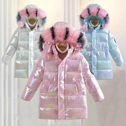 Winter Girls Shiny Hooded Down Jacket Fur Collar Windproof Coat Teenage Outerwear Kids Parka Snowsuit Clothing New 5-14 Years