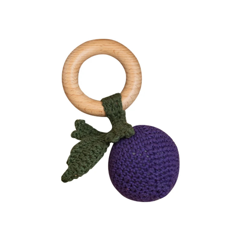 Wooden Baby Teether Cute Fruit Style Handmade Crochet Rattle Toys Newborn Soother Teething Chew Toys for Boys Girls Babies Gifts