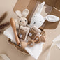 Newborn Baby Bath Set with Double Sided Cotton Blanket Face Saliva Towel Crochet Rattle Toy Wool Brush,Gift Box for Baby Shower