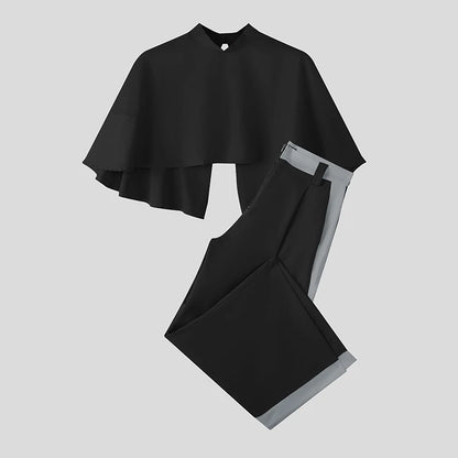 INCERUN Men Sets Patchwork Turtleneck Irregular Crop Shirt Cloak & Wide Leg Pants 2PCS Streetwear Loose Fashion Casual Men Suits