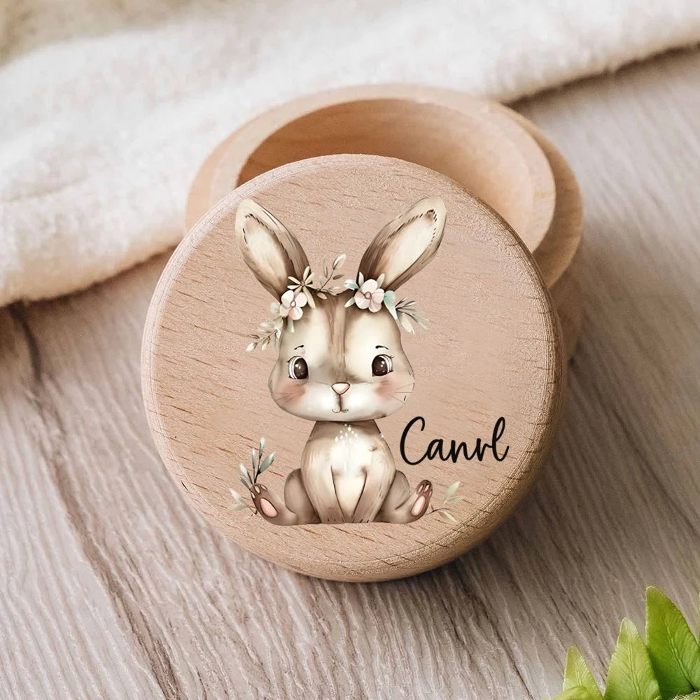 Personalized Wooden Milk Teeth Box Elephant Bunny with Name Wooden Tooth Box Protection of Baby's Fetal Hair Anniversary Gift