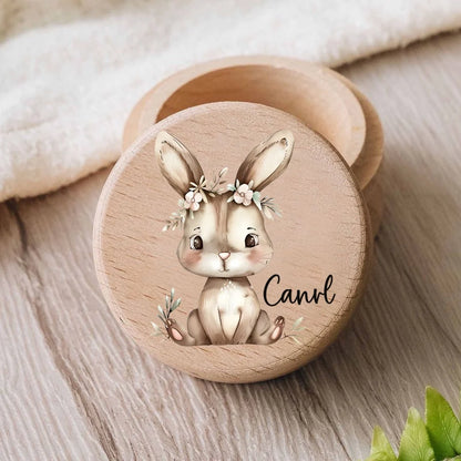 Personalized Wooden Milk Teeth Box Elephant Bunny with Name Wooden Tooth Box Protection of Baby's Fetal Hair Anniversary Gift