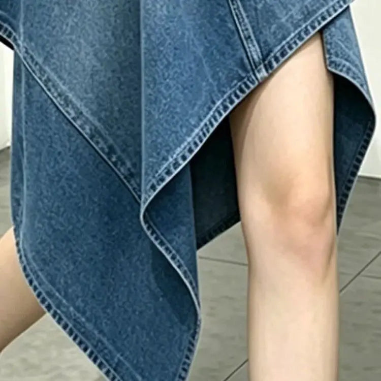 2026 New Blue Washed Denim Irregular Half Skirts Women's Summer High Waisted A-line Skirts