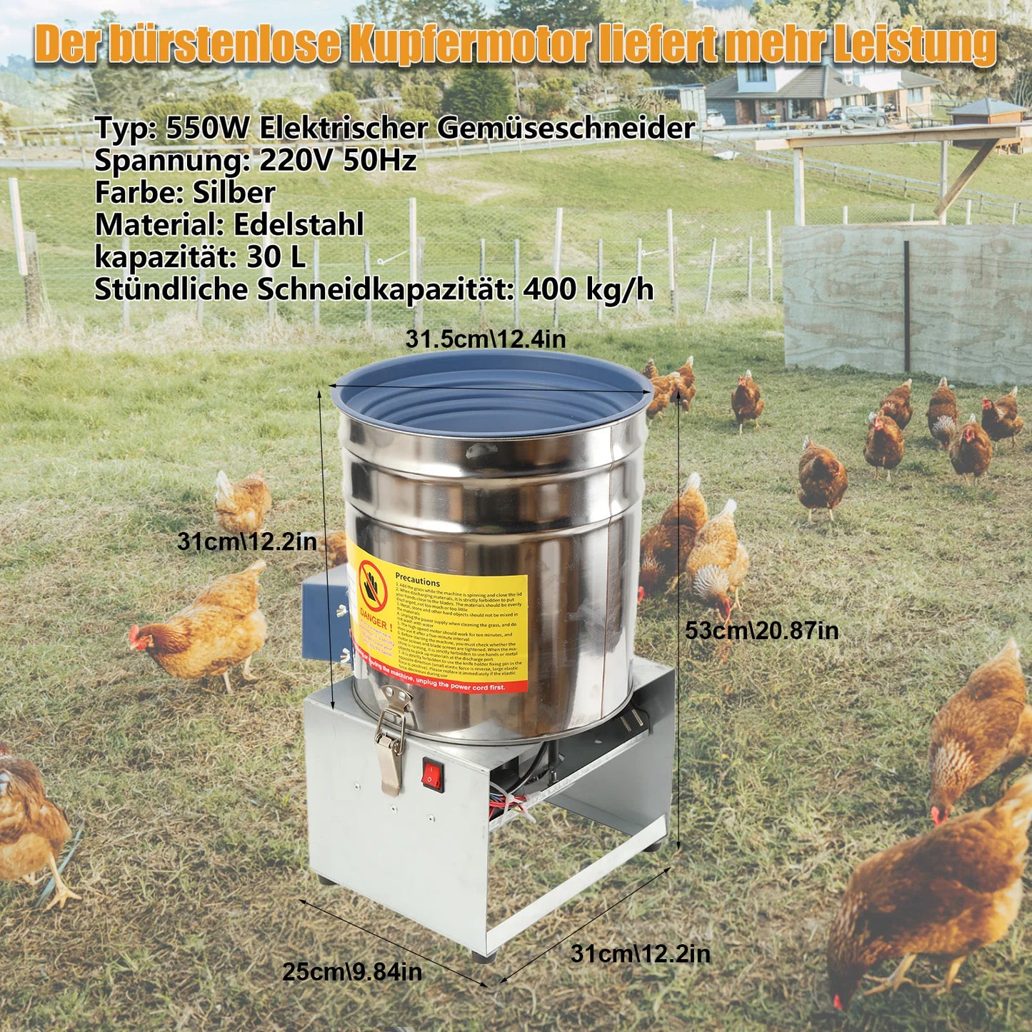 30L Stainless Steel Electric Feed Grinder 550W Vegetable Fruit Shredder 400kg/h for Chickens Ducks Livestock, Side Open Drum 220V Feed Chopper with Copper Motor