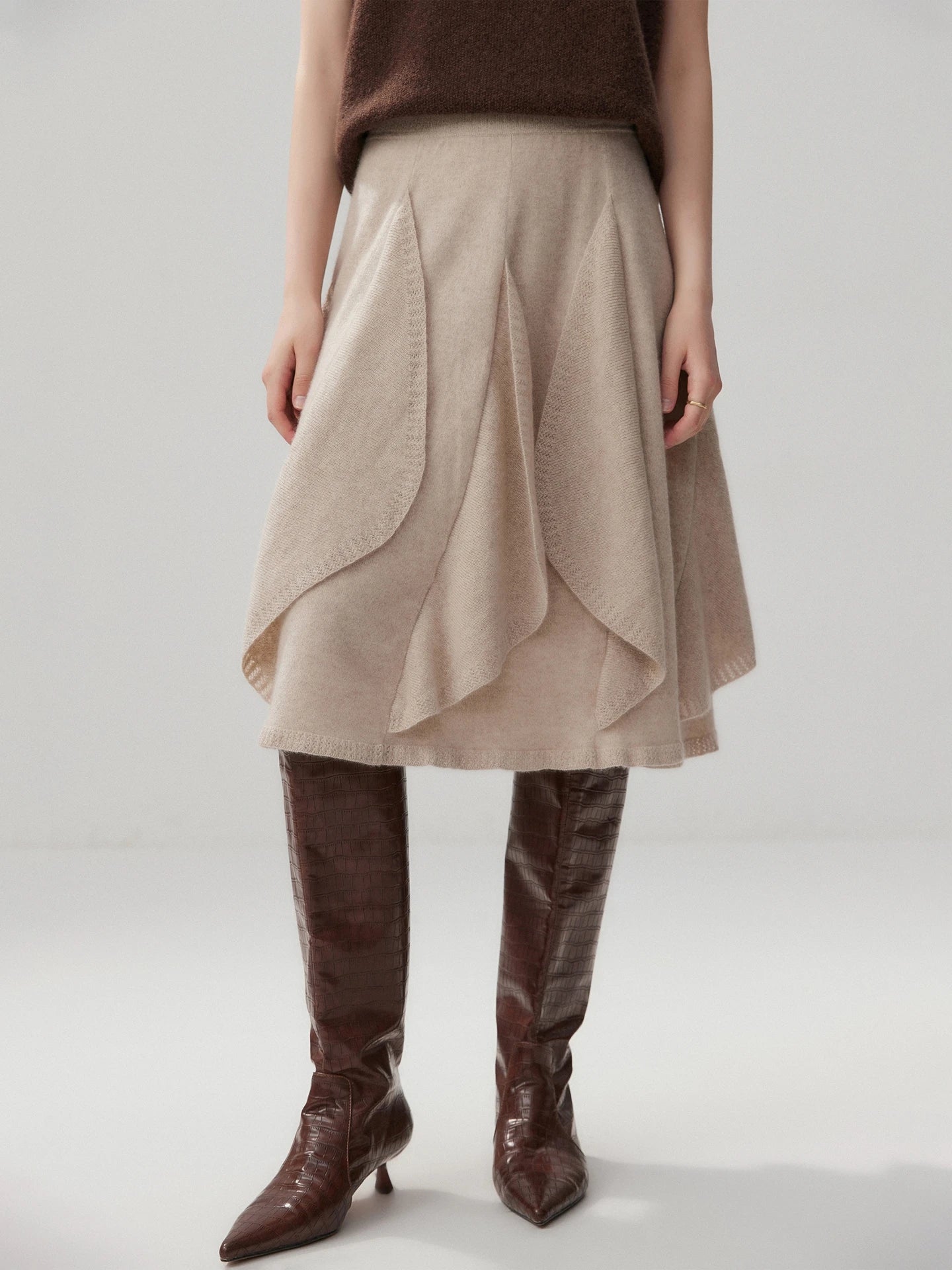 French 100% Pure Cashmere Skirt Ruffle Irregular A-line Soild Midi Sirt Autumn Winter Women Elegant Pleated  Knit Dress Fashion