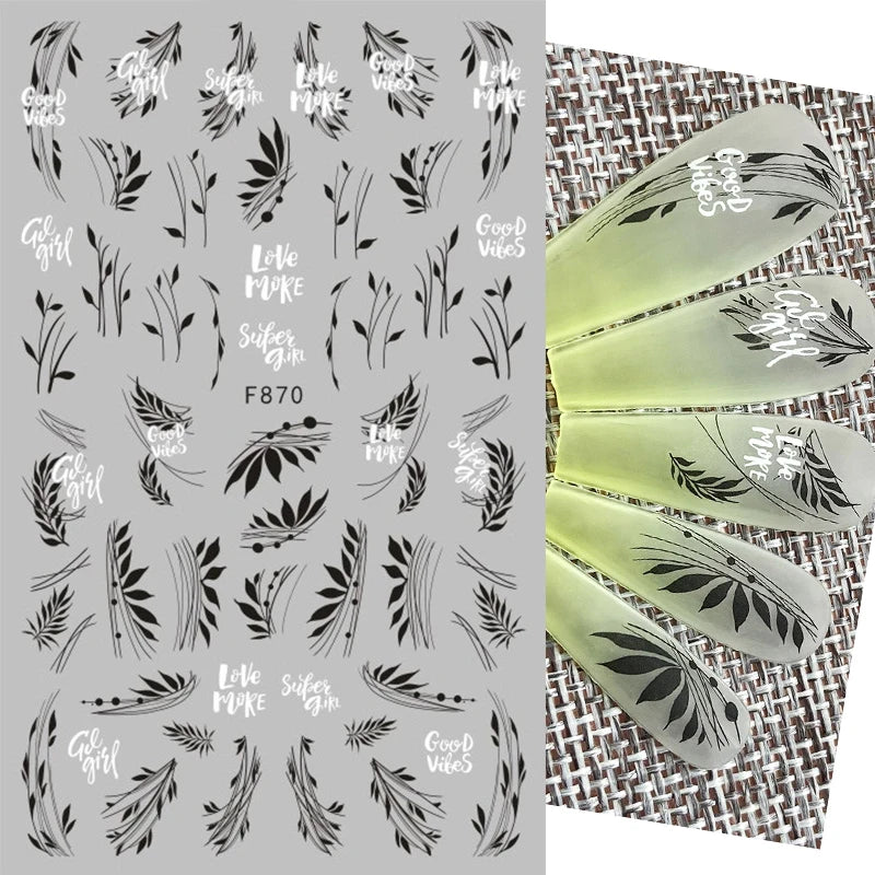 Black and White Love Flowers Line Art 3D Stickers Nail Decals Nail Art Accessories Butterfly Rose Nail Stickers Nail Sliders