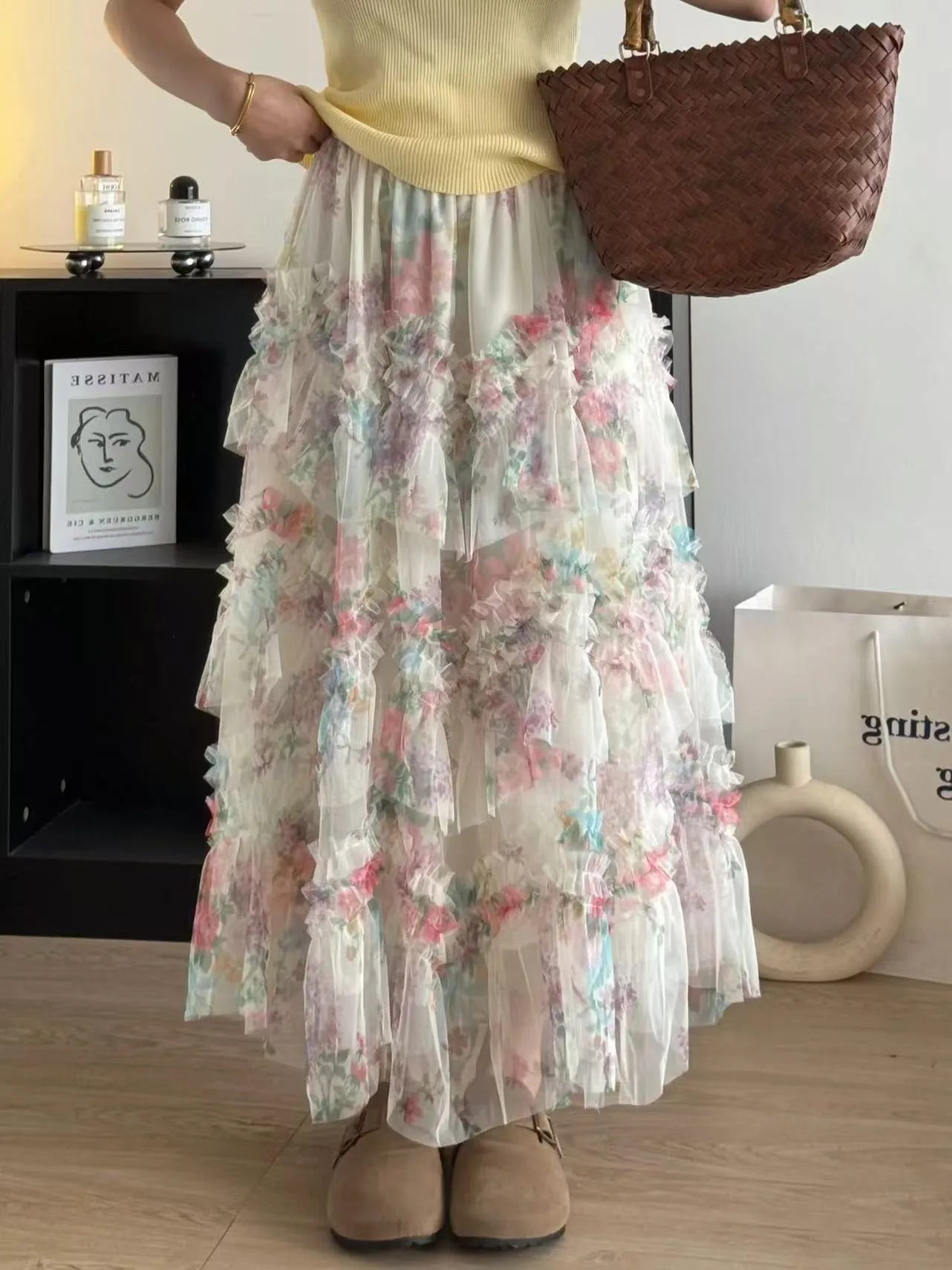 Faldas Y2k Elastic Waist Floral Print Mesh Skirt Women Summer Beach Vacation Style Versatile Stitching A-line Elegant Long Skirt