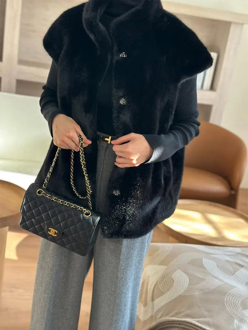 Women's Autumn Winter Faux Mink Hair Stand Collar Sleeveless Loose Vest Jacket Lady Streetwear Single Breasted Faux Fur Vest Top