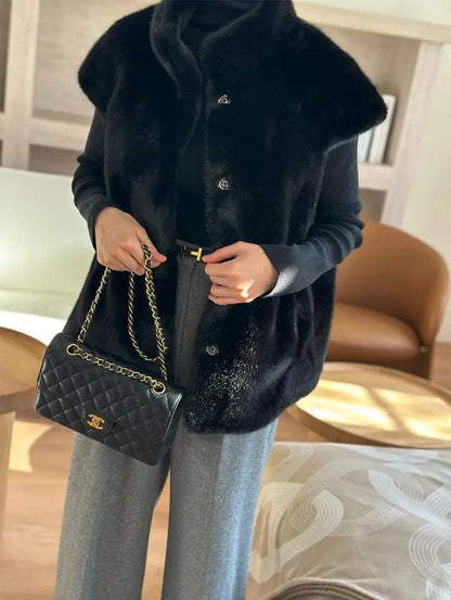 Women's Autumn Winter Faux Mink Hair Stand Collar Sleeveless Loose Vest Jacket Lady Streetwear Single Breasted Faux Fur Vest Top