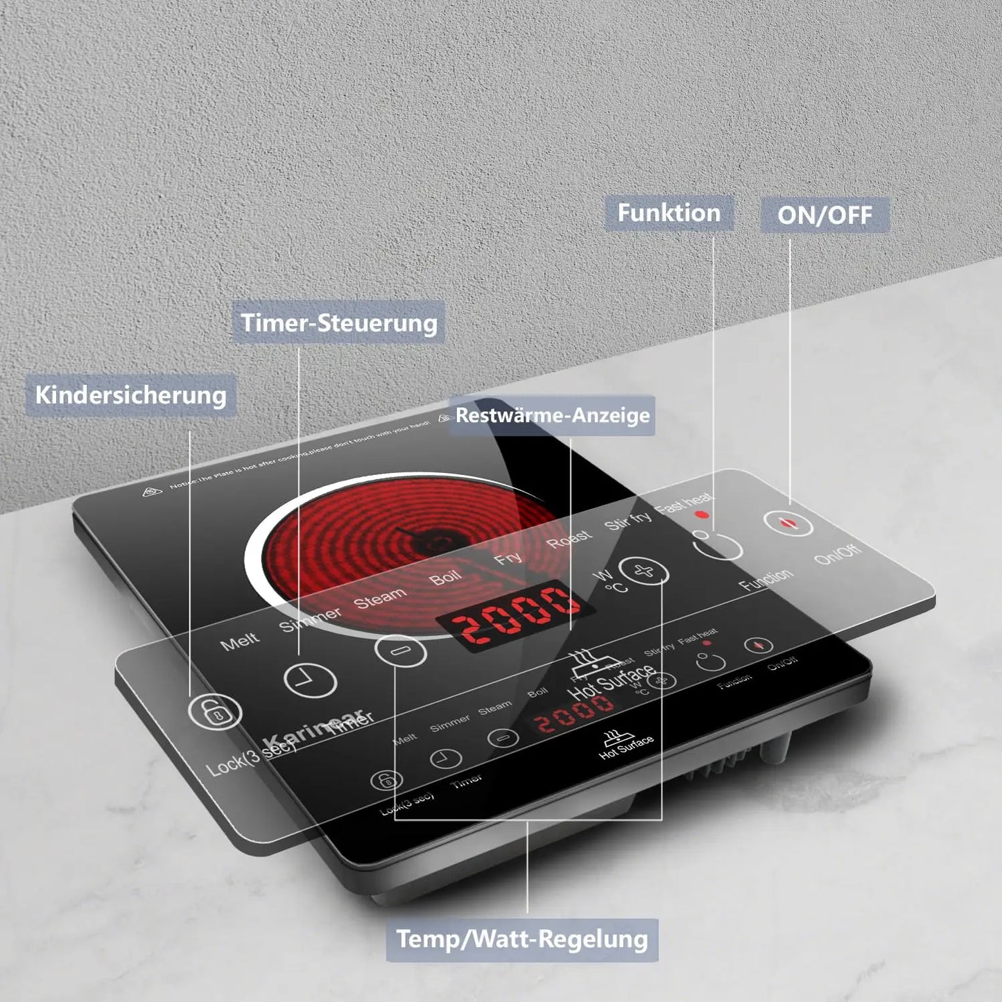 Karinear Glass Ceramic Hob 1 Plate Portable, 650 °C Max, Ceramic Hob 1 Freestanding, 2000 W, Hob 1 Hob with Plug, Timer