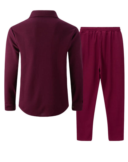 New autumn style waffle long-sleeved solid-color double-pocket buttoned cardigan shirt and pants set