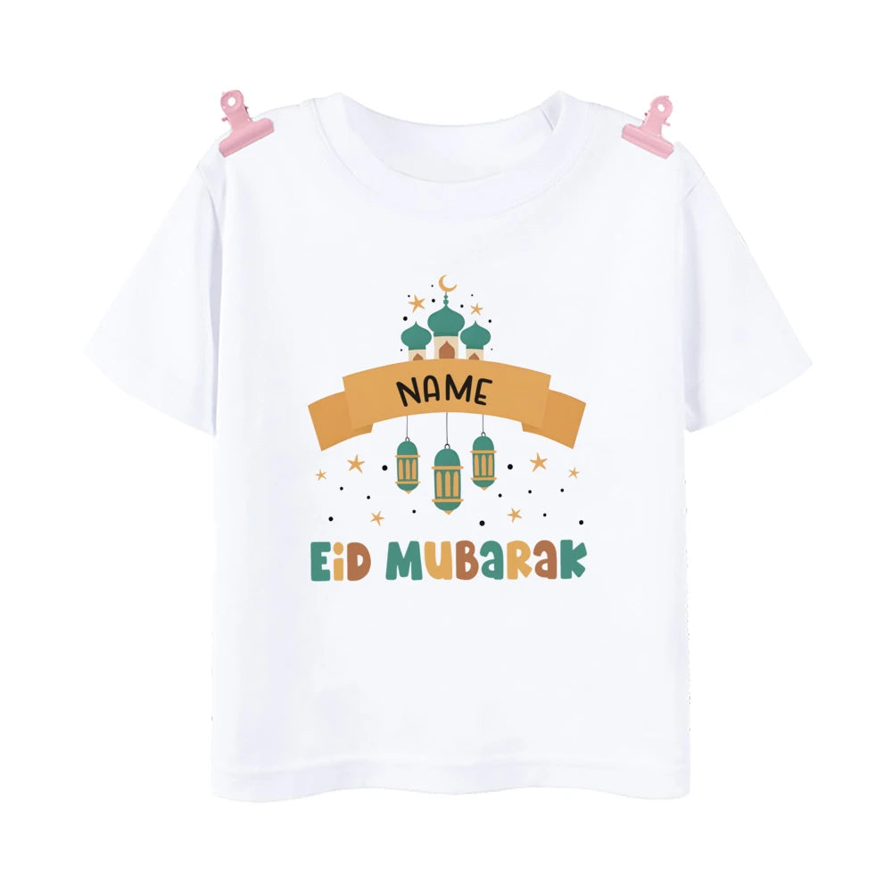 Personalized Eid Mubarak Printed Kids Shirts Custom Name Eid Ramadan Child T-shirt Tops Islamic Muslim Holiday Boys Girls Outfit